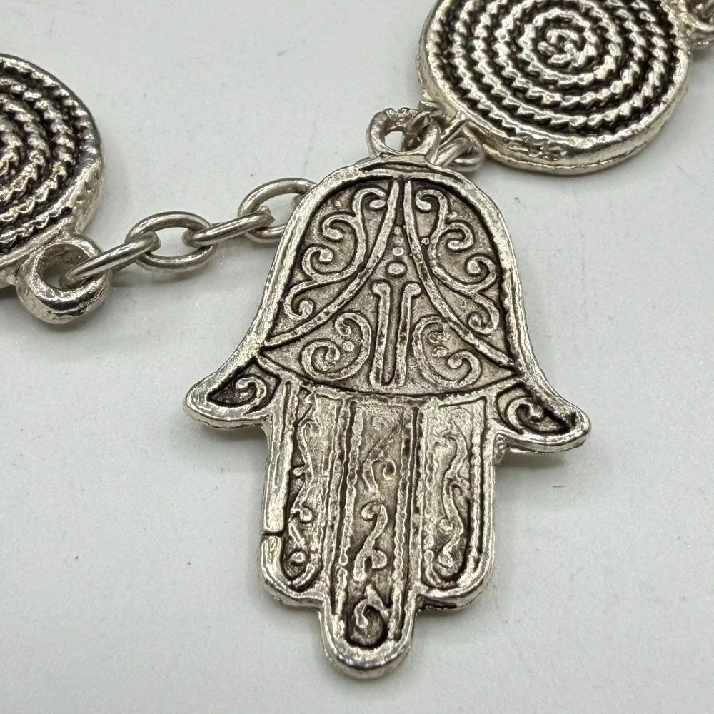 Silver Tone Hamsa Hand Charm Bracelet Spiral Medallion Boho Statement Jewelry